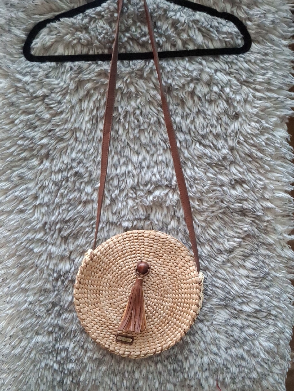Natural Round Woven Crossbody Bag with Brown Tassel